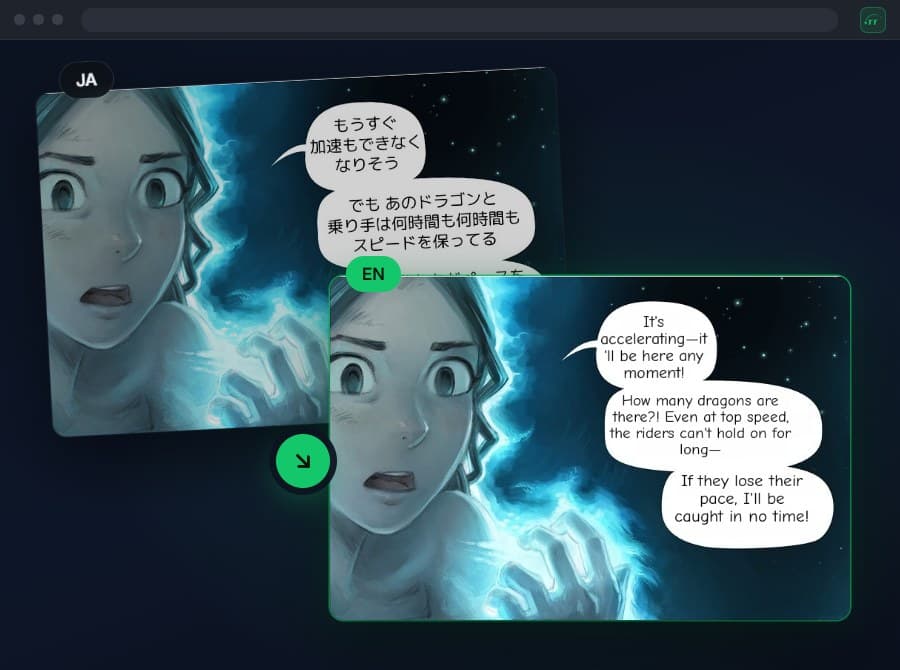 Antes y después: un panel de cómic en japonés y el mismo panel traducido al inglés por Taki Translate